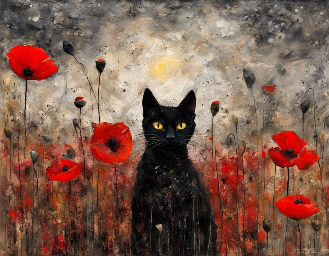 Black cat looking at a red poppy  by @AVA