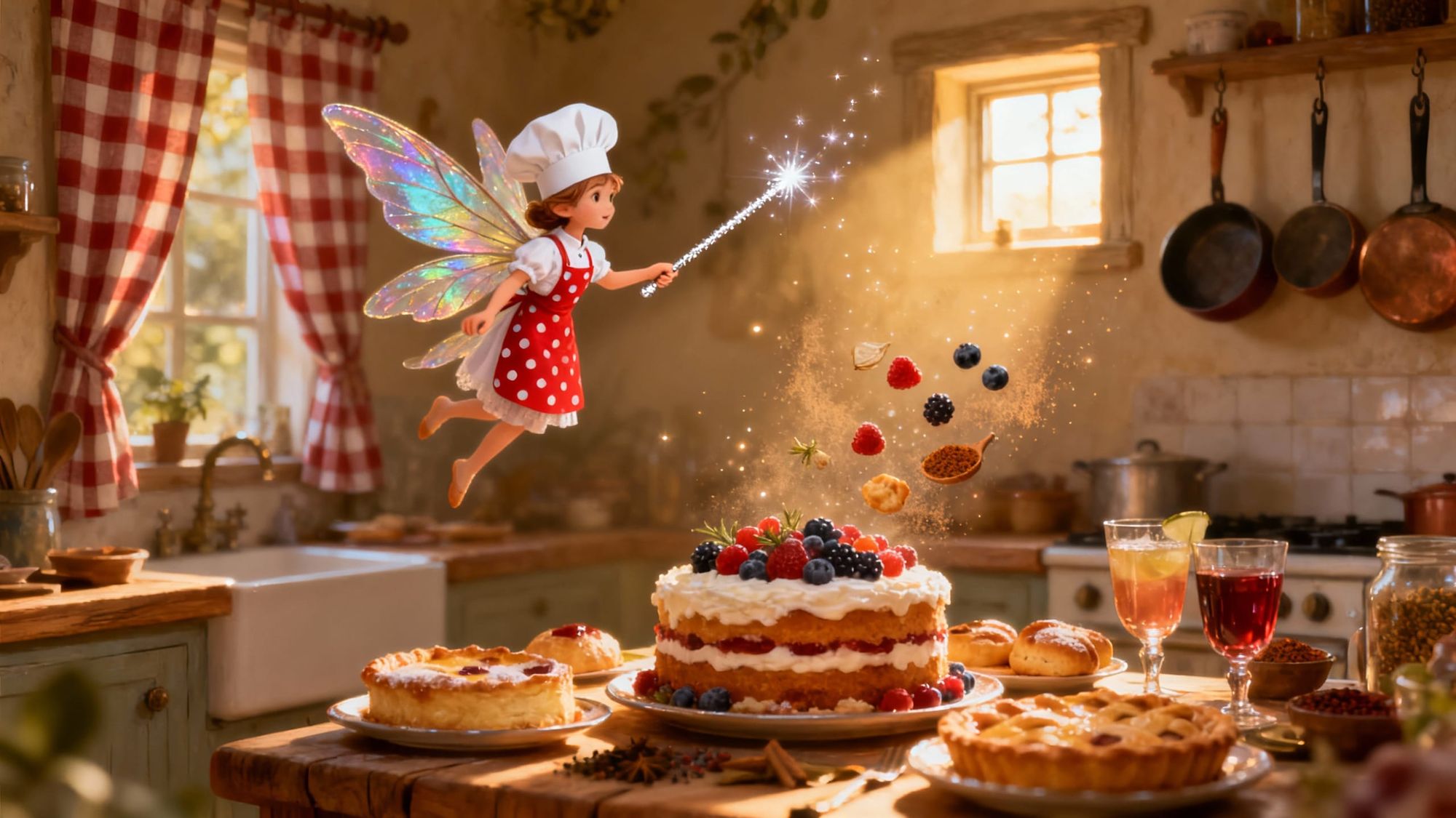 photo realistic, 8k resolution, a masterpiece, surreal, a fairy chef uses magic to create a feast in her kitchen. 