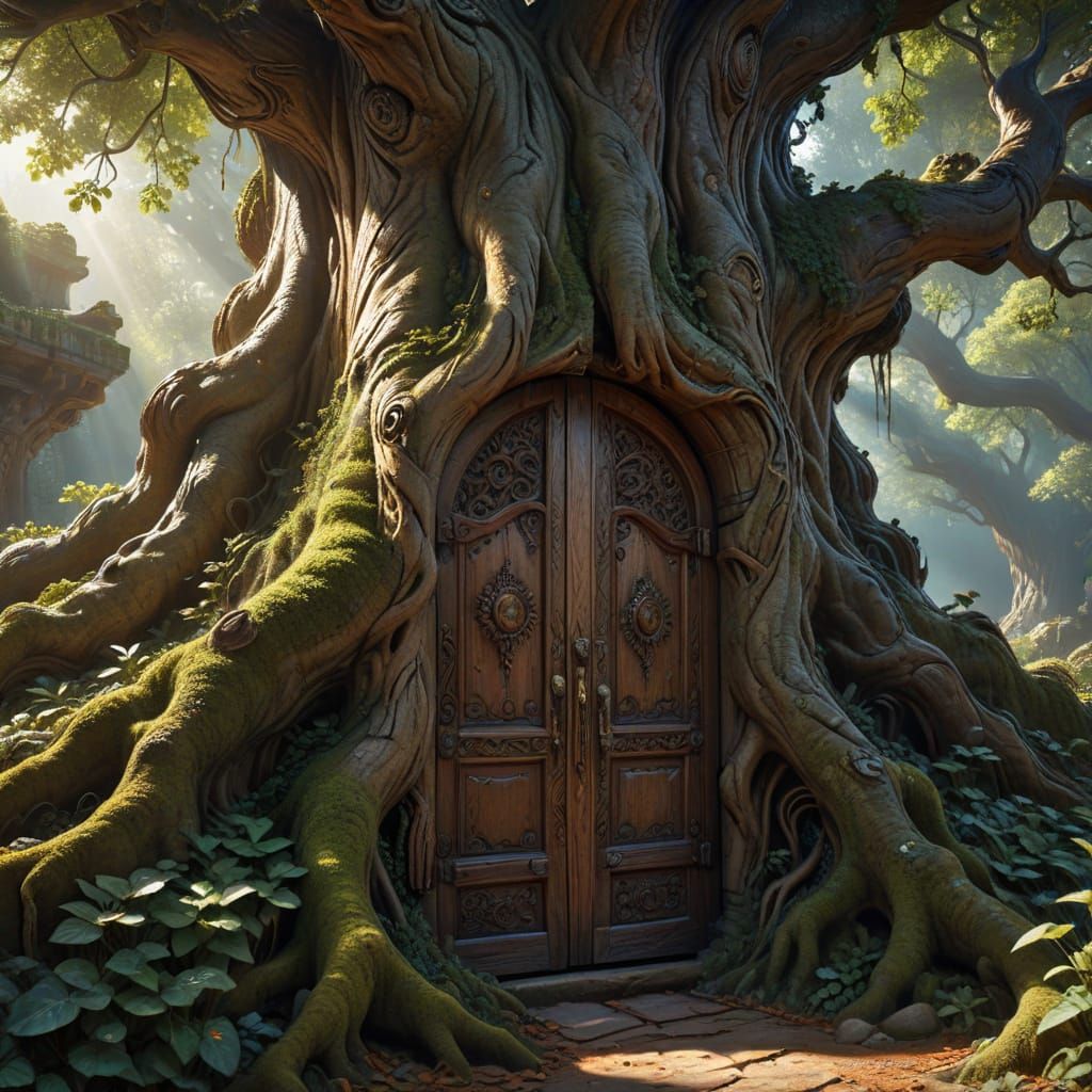 Digital painting. a door that is embedded in the side of a massive tree. The tree is ancient and gnarled, ...  by @J_
