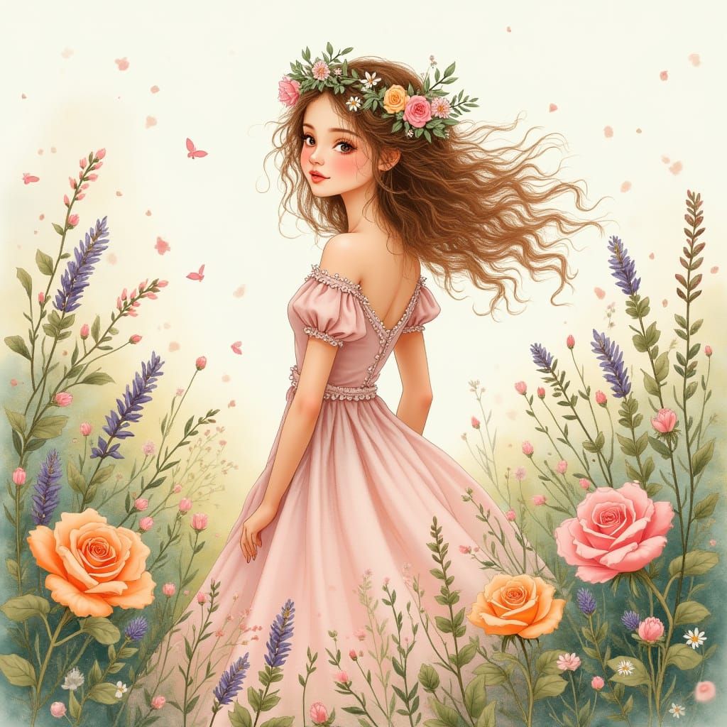 Woman in Garden, Watercolor Illustration Style