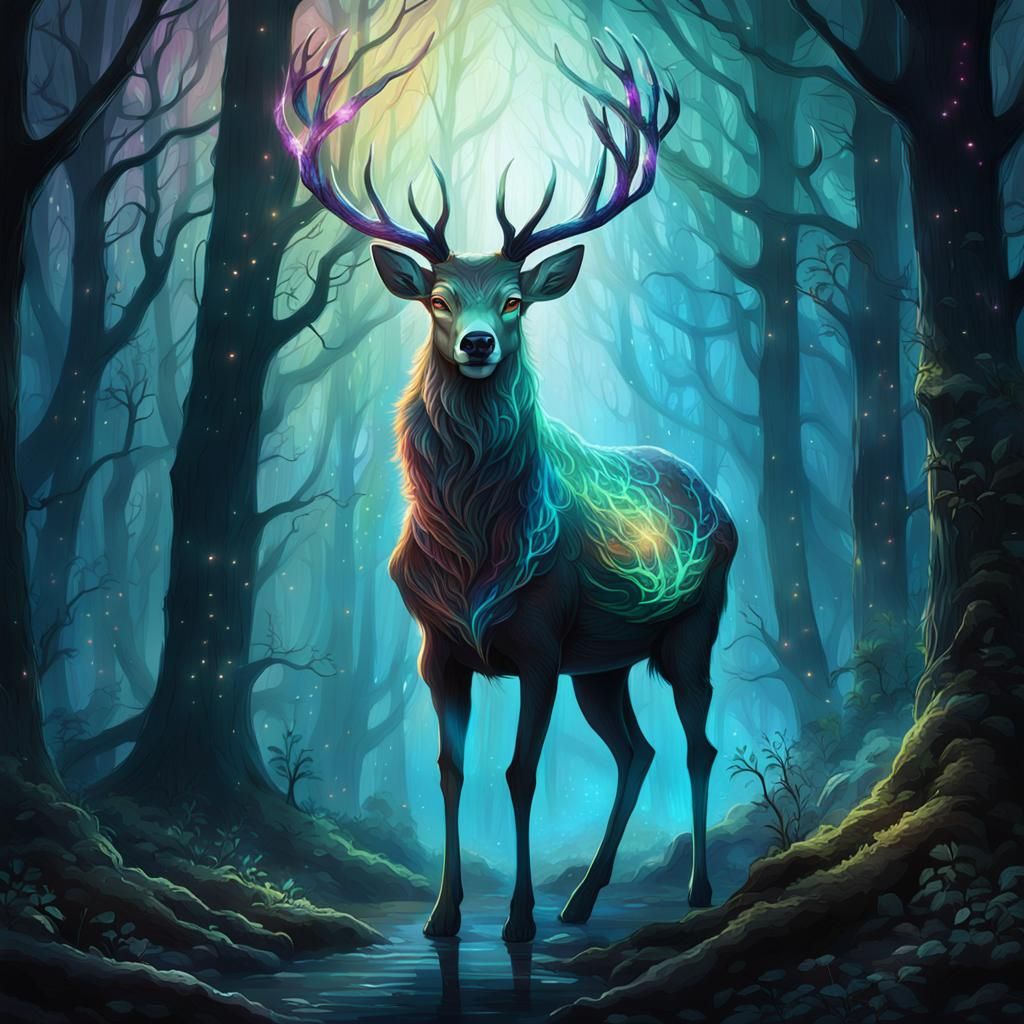 A hauntingly beautiful spirit of the woods, its ethereal form glowing with an otherworldly light that ...  by @Obiwansleepy