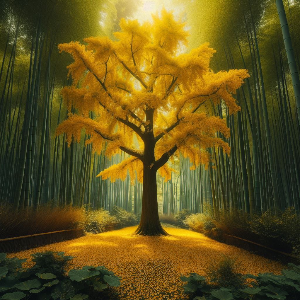 Ginkgo Biloba with Yellow Flowers, carpet of fallen yellow petals