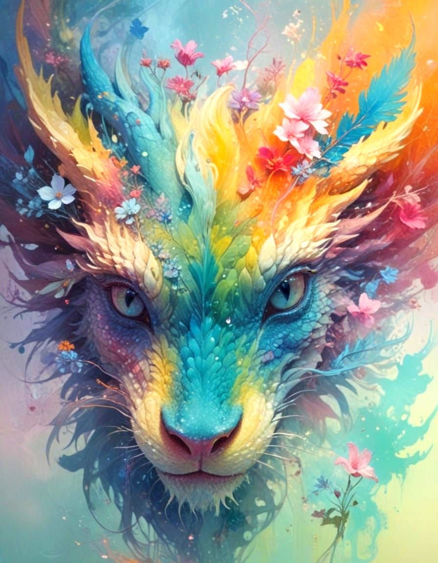 💖✨🌸🌹 Floral Dragon, Wilderness, Impasto, Visible Brushstrokes, forest meadow light mist, Alberto Seveso, ...  by @Daleone