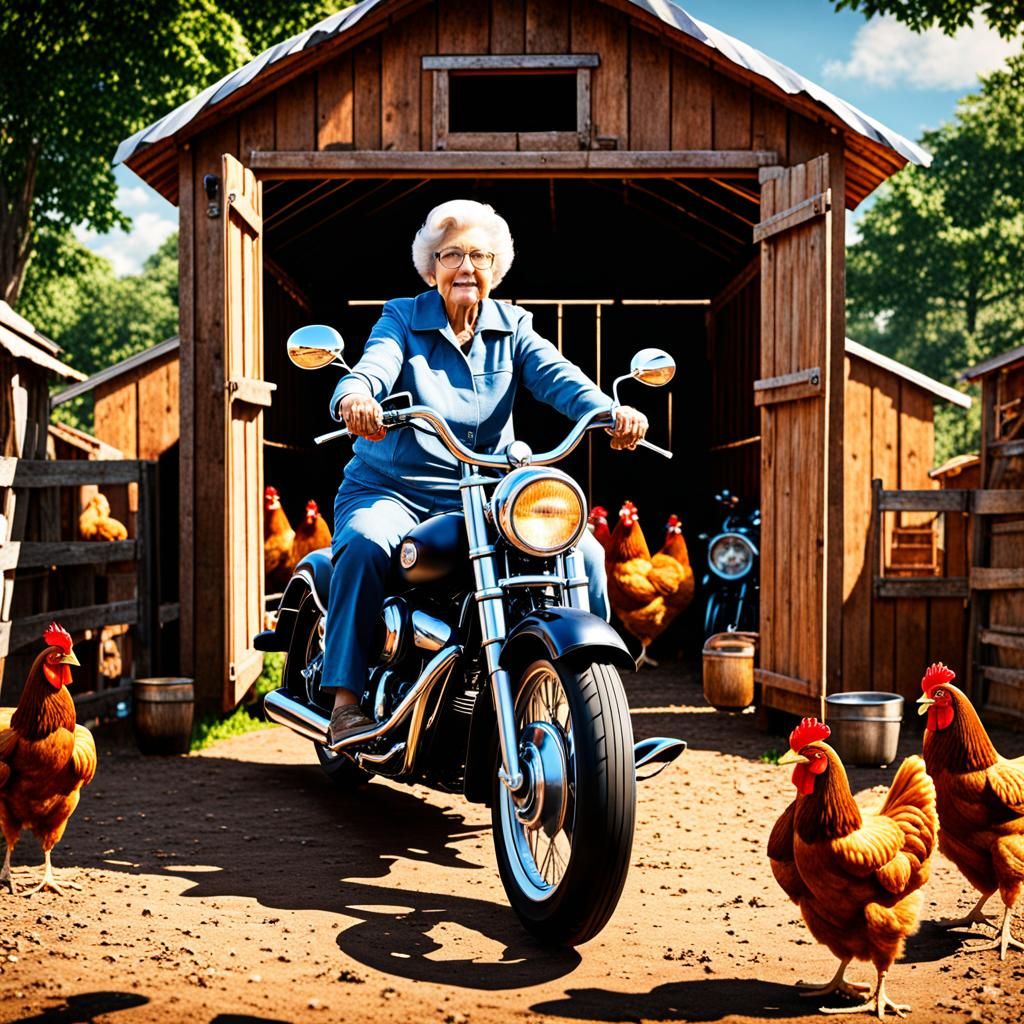 My grandma rides a motorcycle in the chicken coop. (4)