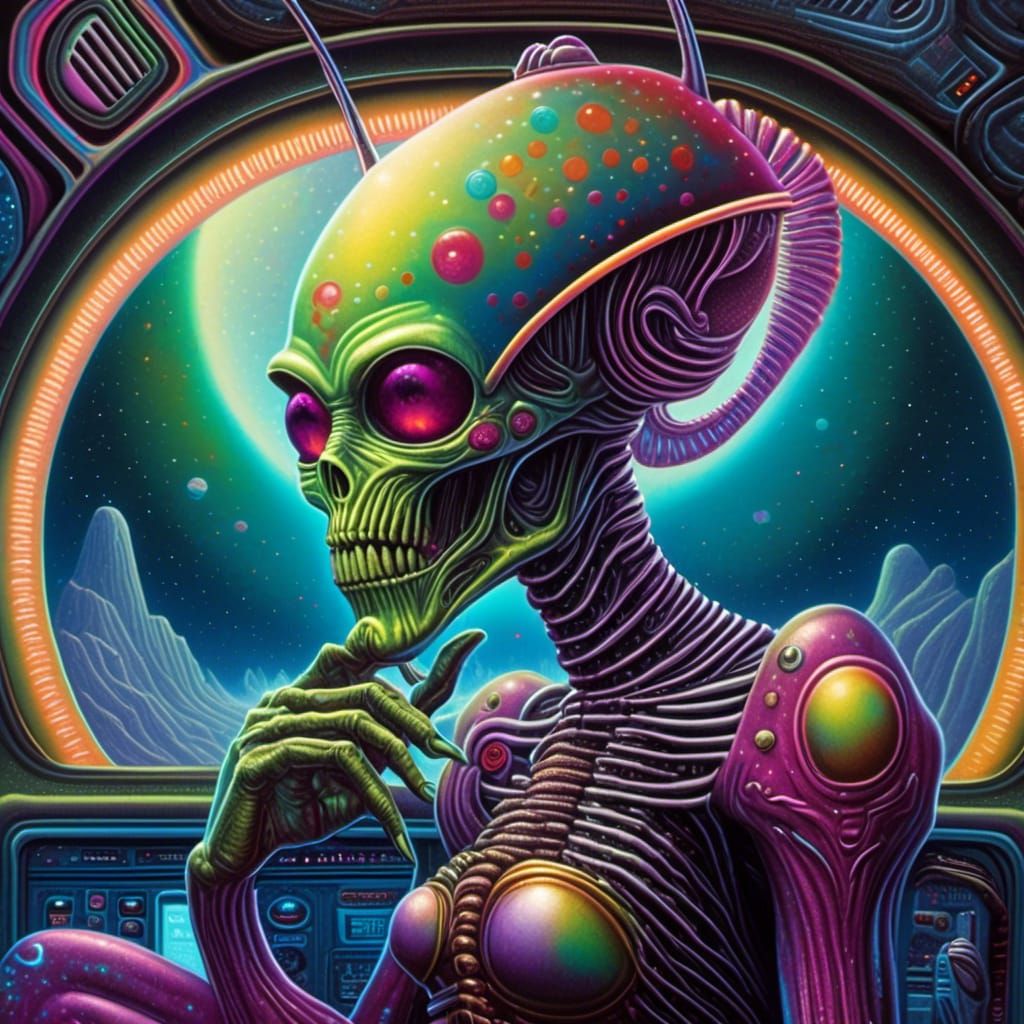 zombie alien with visible musculature, grooves, geometric headpiece, holding futuristic cell phone, sitting in alien space car on bridge ove...