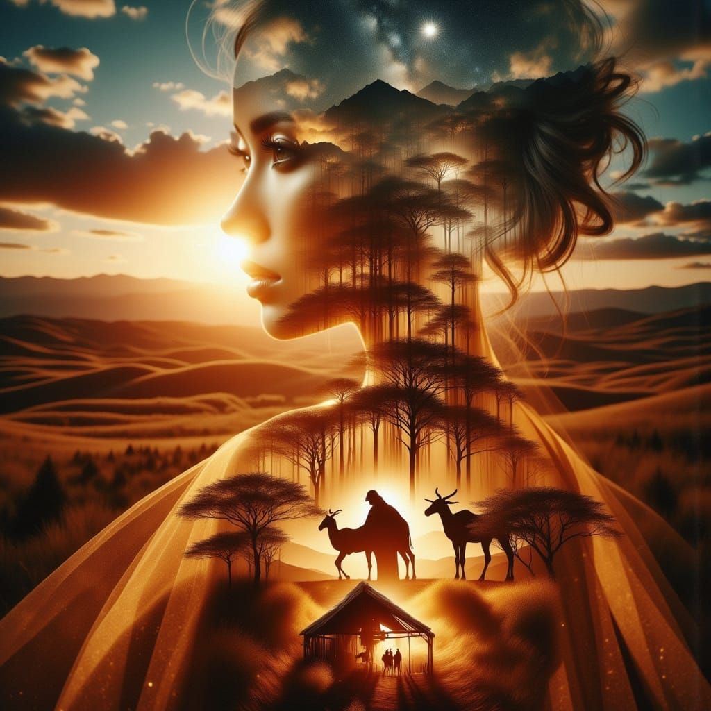 Double exposure of a beautiful dressed in a gold flowing gown and the manger scene <lora:Double Exposure Flux:1.0> over laid on the angels g...