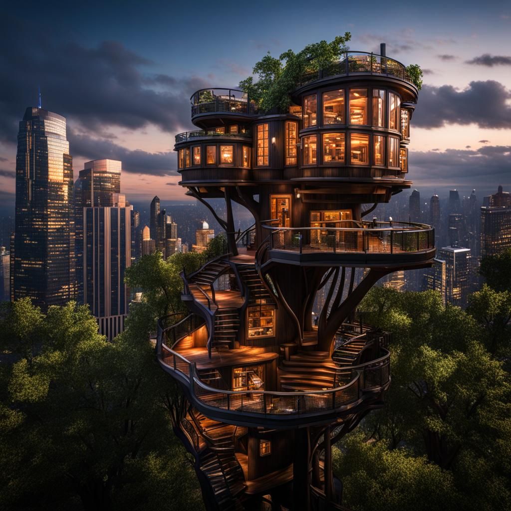 (Stark Tower inspired treehouse 1:3), intricate details, HDR...