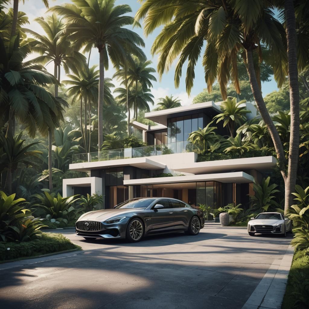 Luxury Villa with Car in Unreal Engine Style