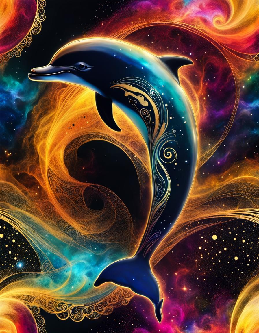 silhouette of magical cosmic delicate dolphin swimming in a cosmic swirl, vibrant colours, alcohol ink, ...  by @Whiteraven