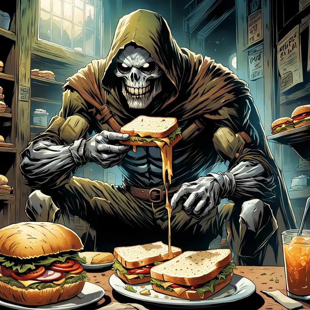 scarecrow eating a sandwich