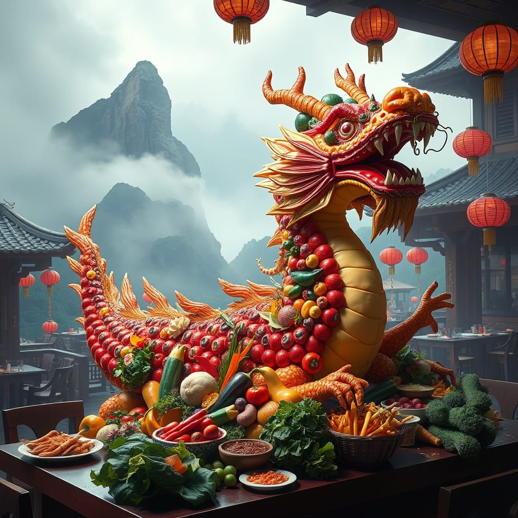 I'm making a dragon sculpture out of vegetables. The whole dragon must be full of food. Make it a celebration ...  by @Hani1