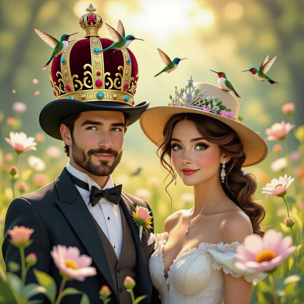 A whimsical family portrait where each member wears an unusual hat that subtly transforms into a crown. The father's top hat sprouts glowing...