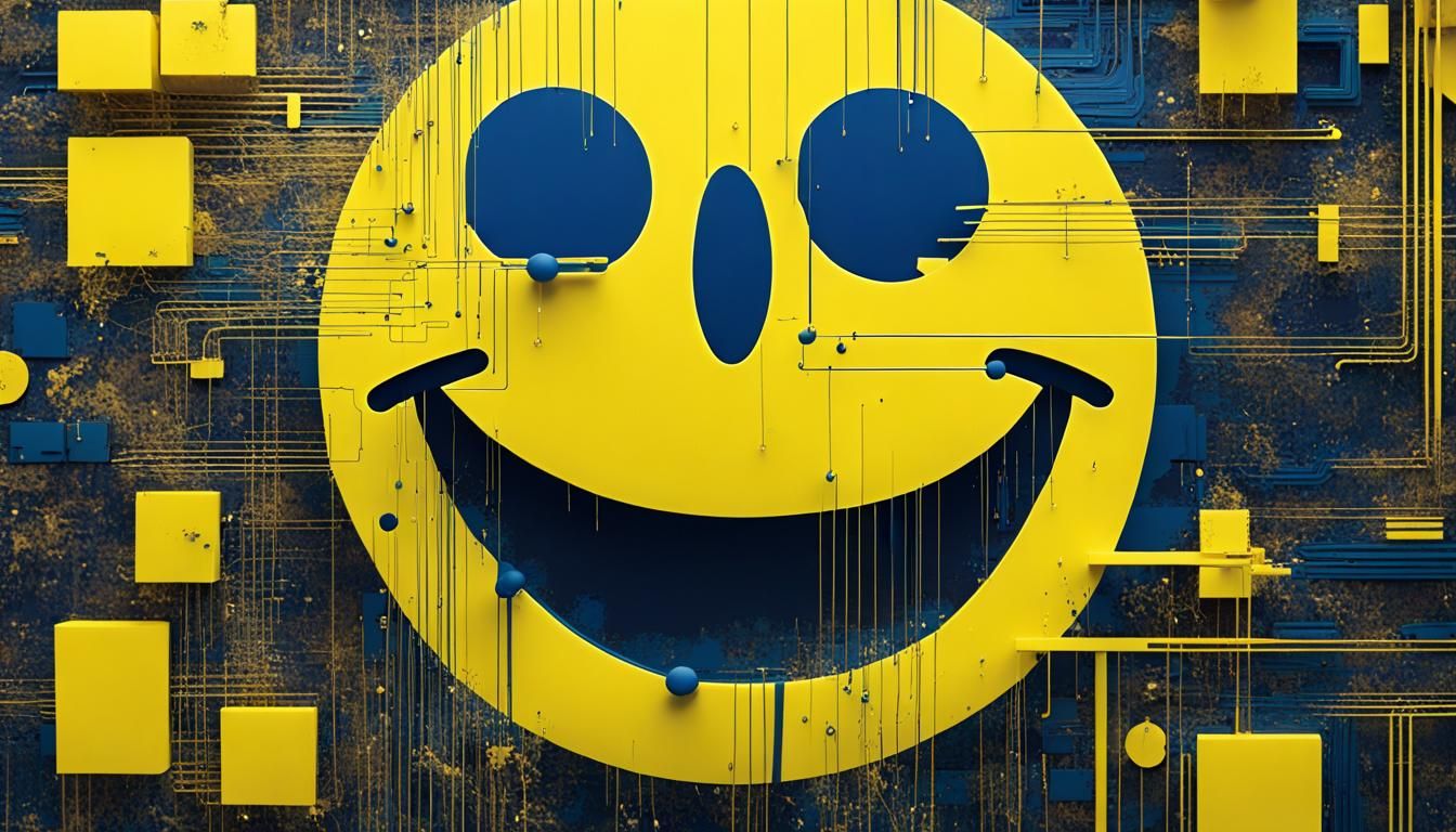 Glitch Art Laughing Smiley Face with Neon Accents