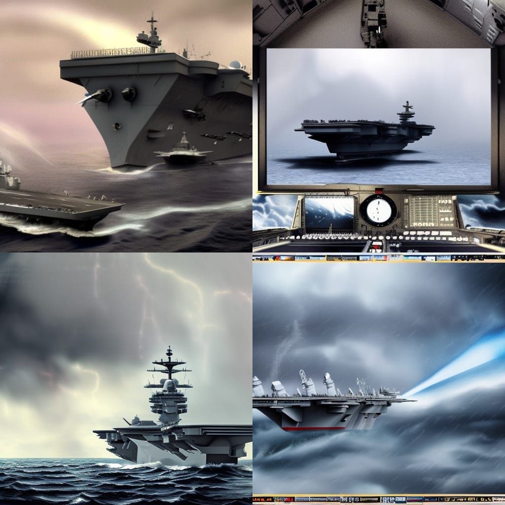 an aircraft carrier with f14 tomcats on the deck going throu...