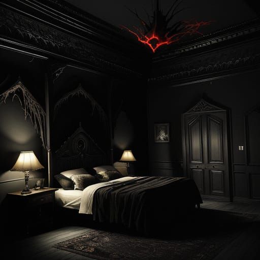 Gothic Fantasy Concept Art: Sleeping Figure with Red-Eyed Ba...
