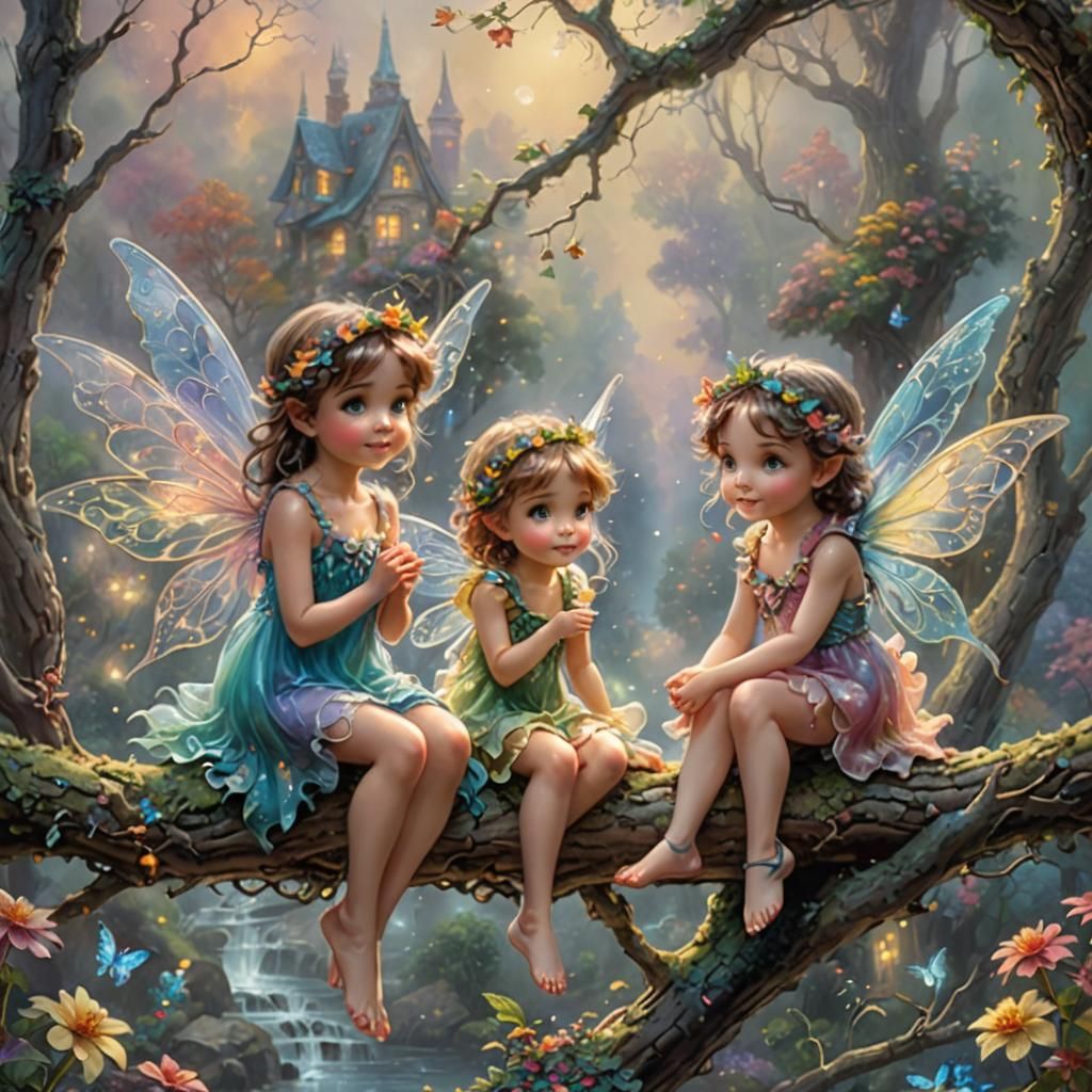 3 cute colorful tiny fairies sitting on a branch. - AI Generated ...