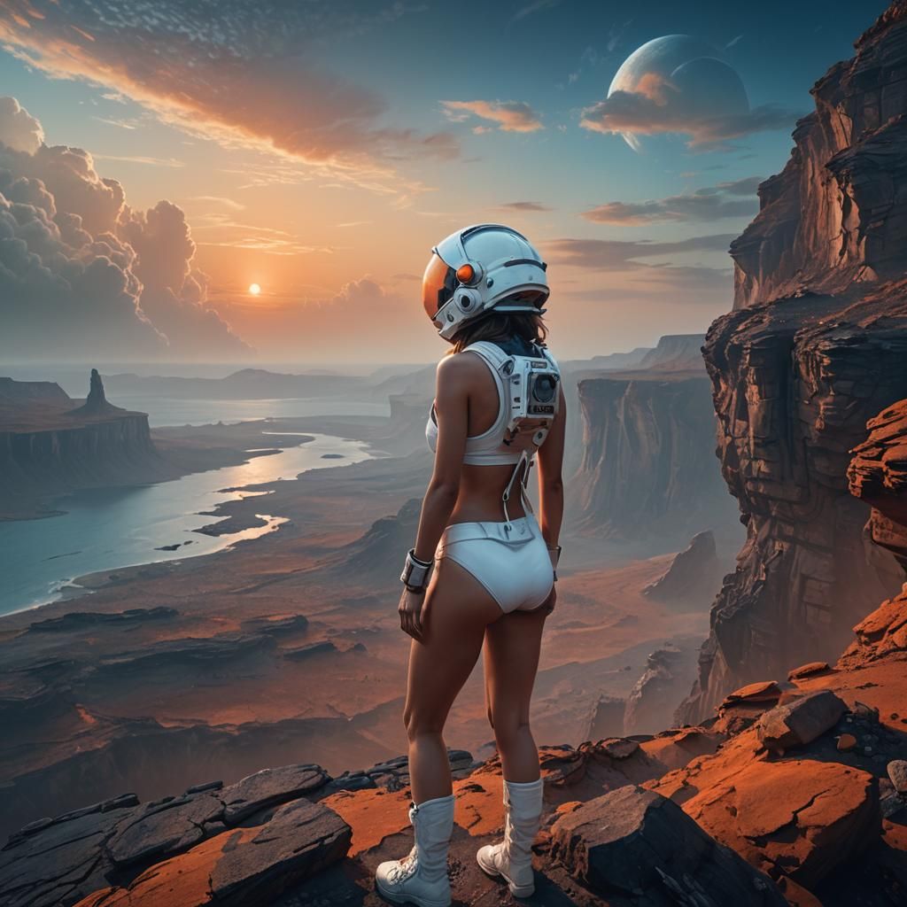 a young woman in a white bikini and an astronaut helmet stan...