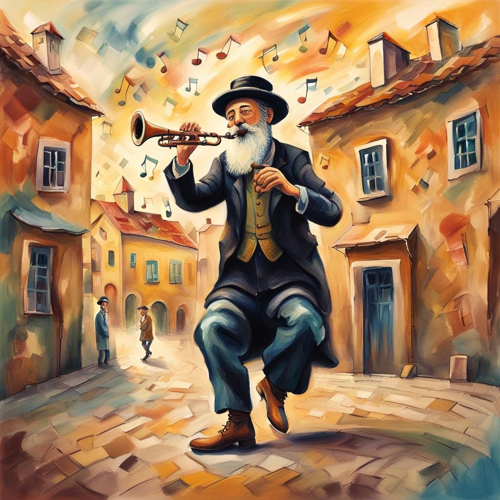 Joyful Hasidic Clarinet Player in Chagall Style