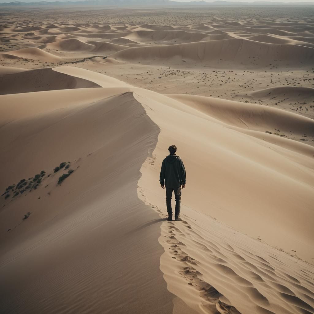 A man stands on a dune in the middle of a desert