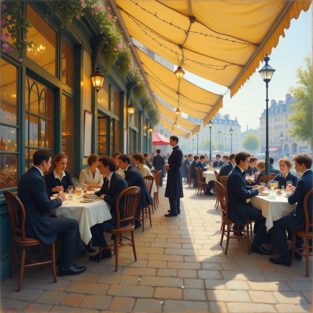 Imagine a 19th century scene set in the interior of a Parisian cafe. There are people here and there, talking and eating. Everything is done...
