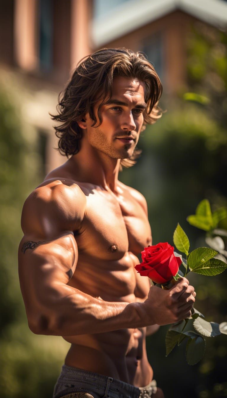 Shirtless muscular young man holding a red rose on the sunny...