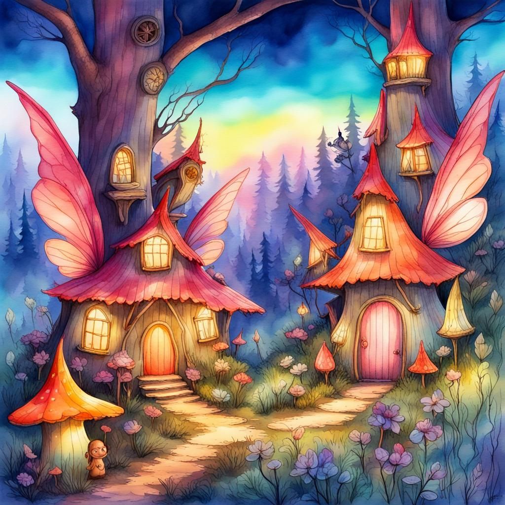 smiling lifelike fairy in fairy village illuminated at sunrise with ...