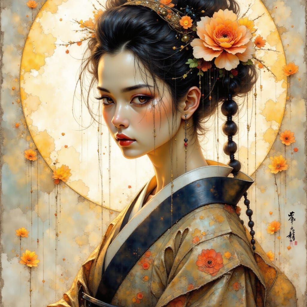 Geisha in the style of Victoria Frances and Luis Royo <lora:Earth and edge:1.0>