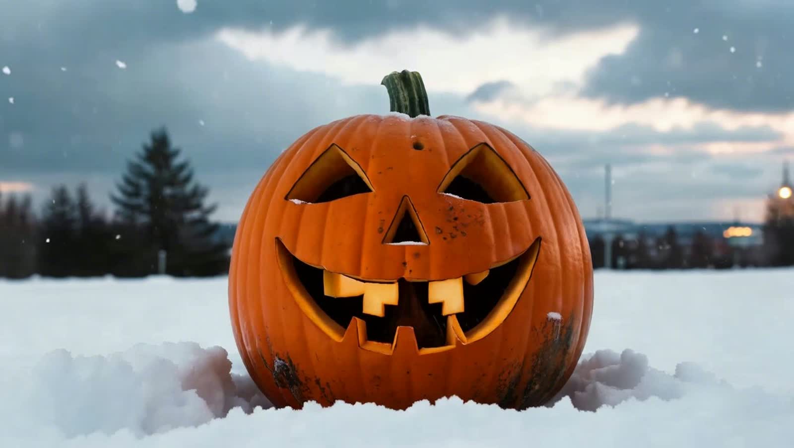 A jack o lantern pumpkin that disappears and decays in snow