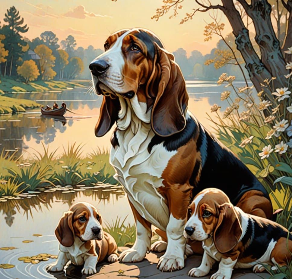 A close up portrait of a (basset hound and her pups 1:3) by a lake on a warm spring day. The pups are playing with a ball. intricately detai...