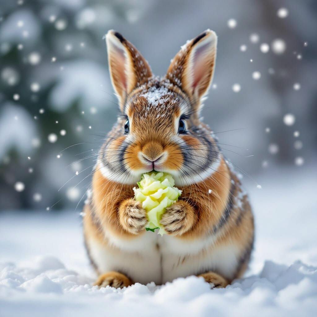 Rabbit Eating Carrot in Snowy Landscape