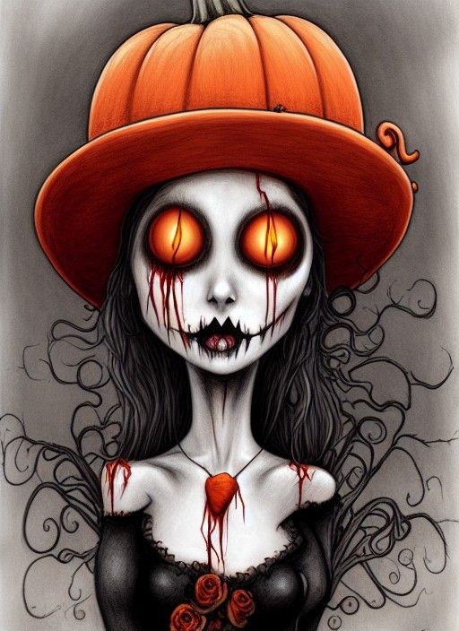 portrait of the attractive voluptuous zombie witch wearing pumpkin