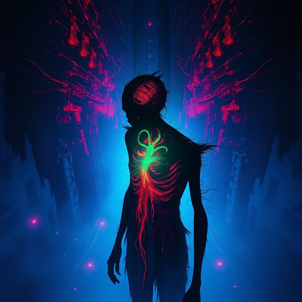 iconic - Distorted Horror Figure Consumed by Dark, Acid-Tone...