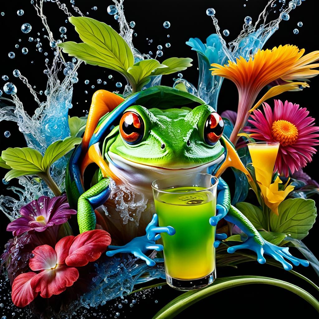 cute colorful frog sitting a mixed drink