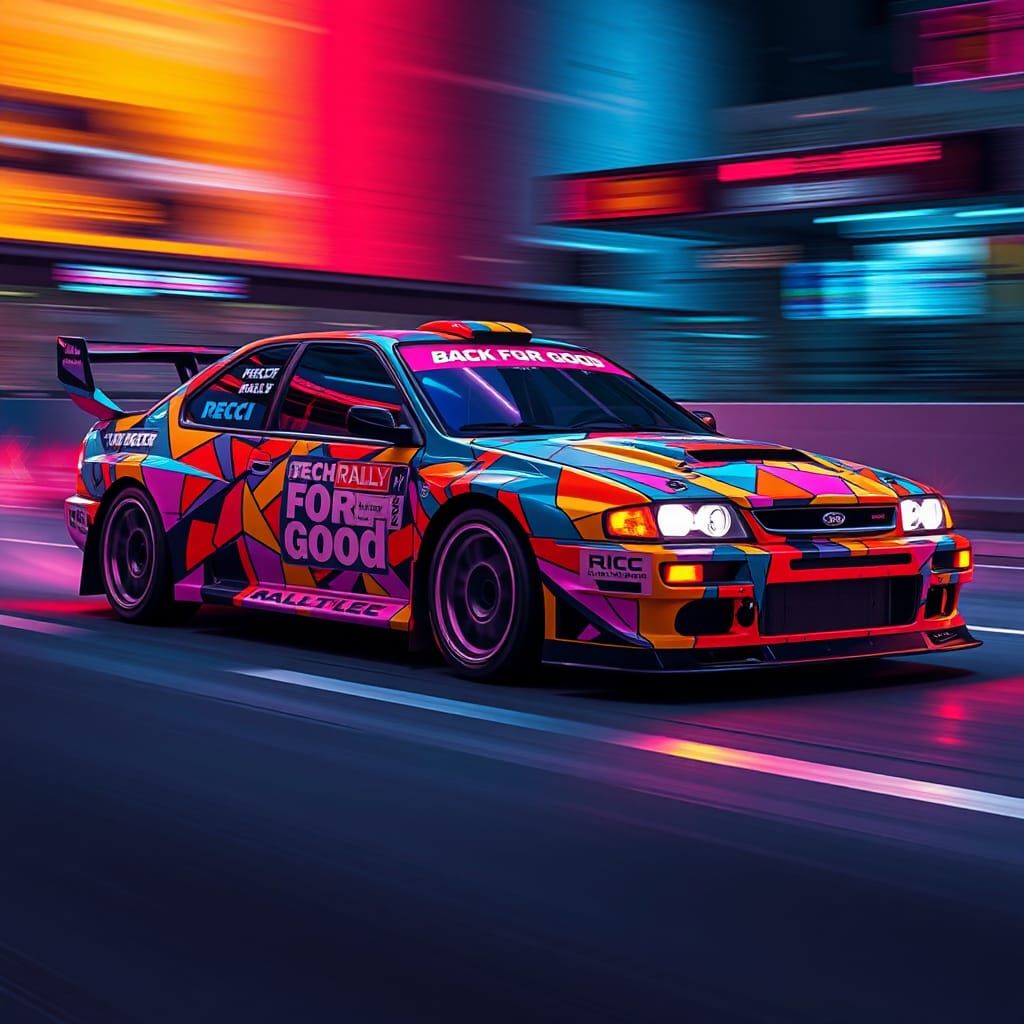 Rally car wrapped in "back for good" artwork