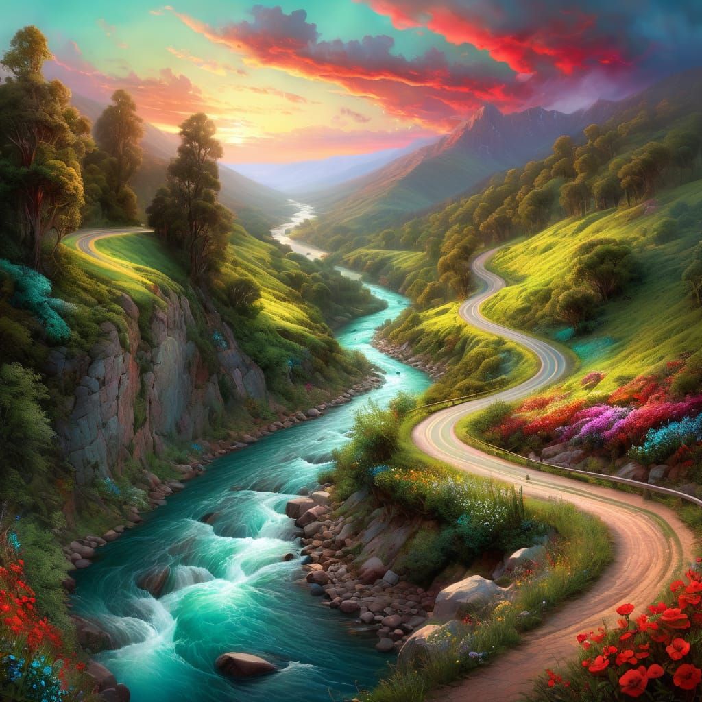 A winding road hugs the river