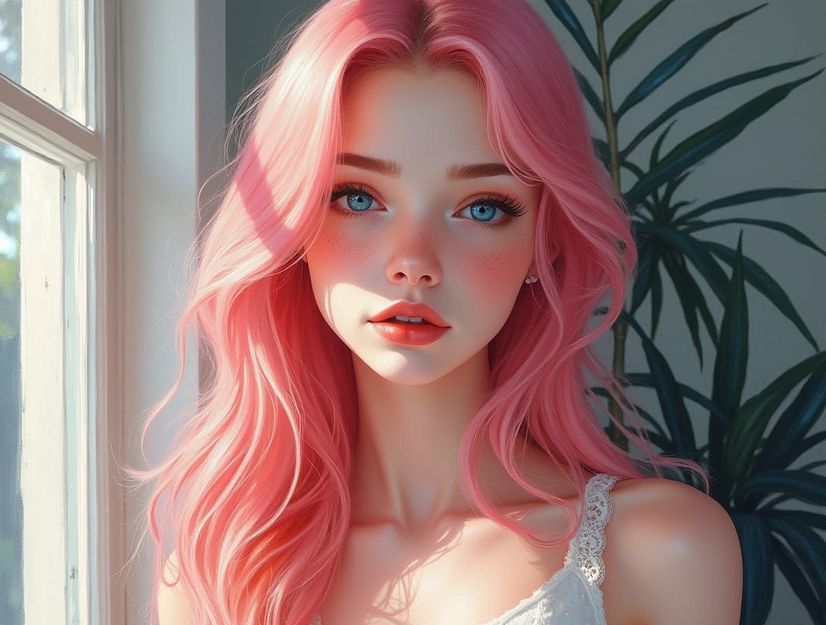 Pink-haired young woman looking at viewer next to a window.