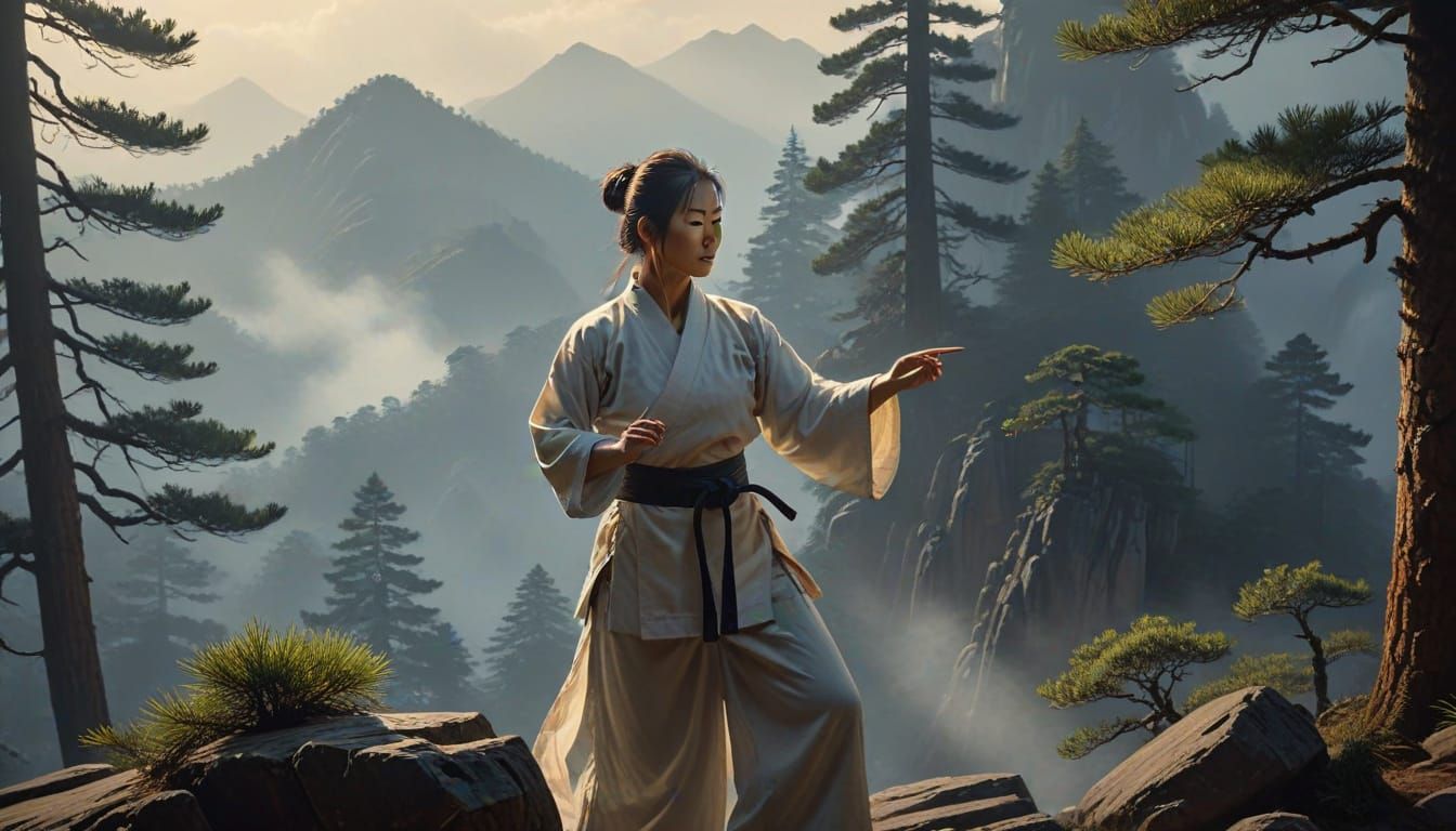 Practicing her karate in quiet solitude.