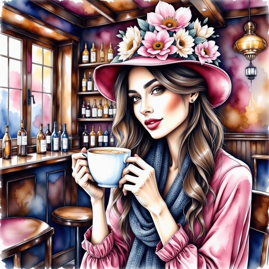 <lora:WatercolorArtFx:1.0> ""A stunning woman, brown hair with a thick wool shirt, a hot wool cap, chiffon flowering scarf on her neck, in a...