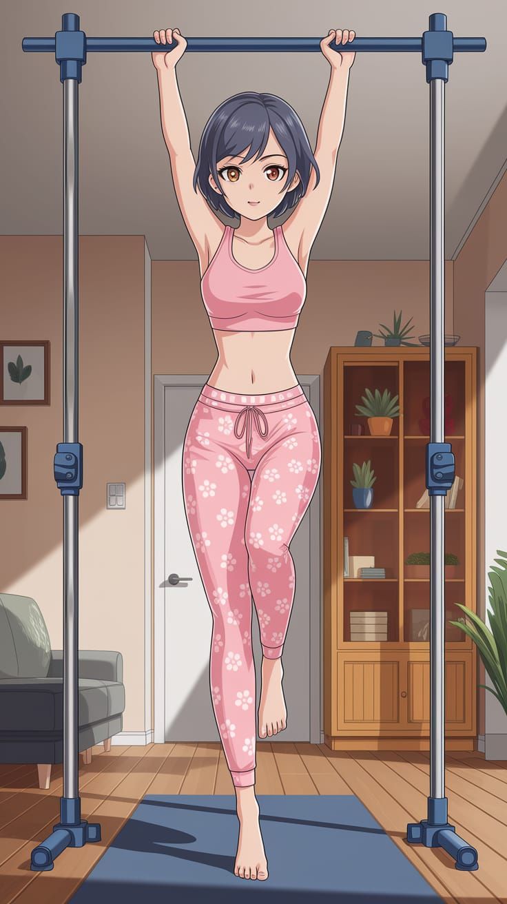 Anime Woman in Yoga Outfit Lifting on Bar