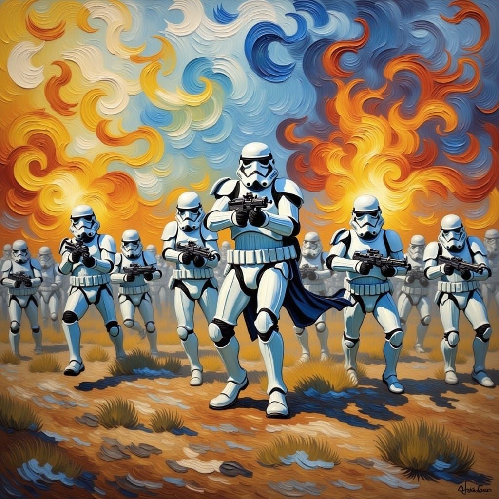 <lora:Van-MO Flux:1.0> An impressionist painting masterpiece of stormtroopers in a battle, swirling