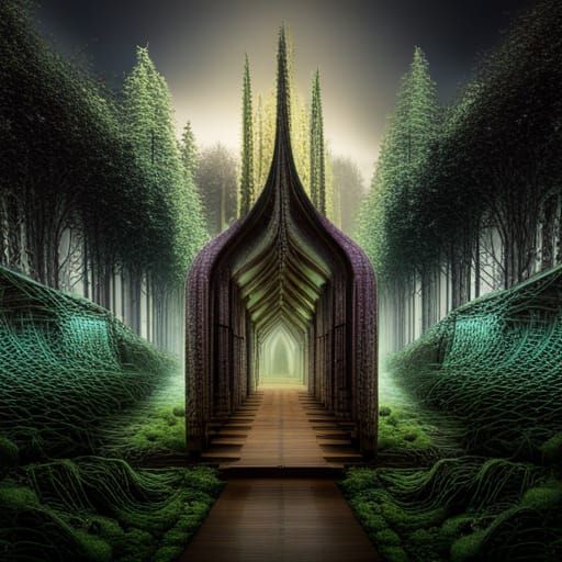A gothic scary horror garden, ominous dramatic sculptures of...