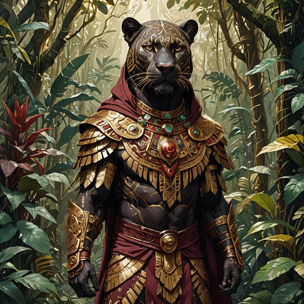 aztec warrior panther, standing in the jungle, wearing a burgundy cape, golden outlines, highly detailed, intricate motifs, organic tracery,...