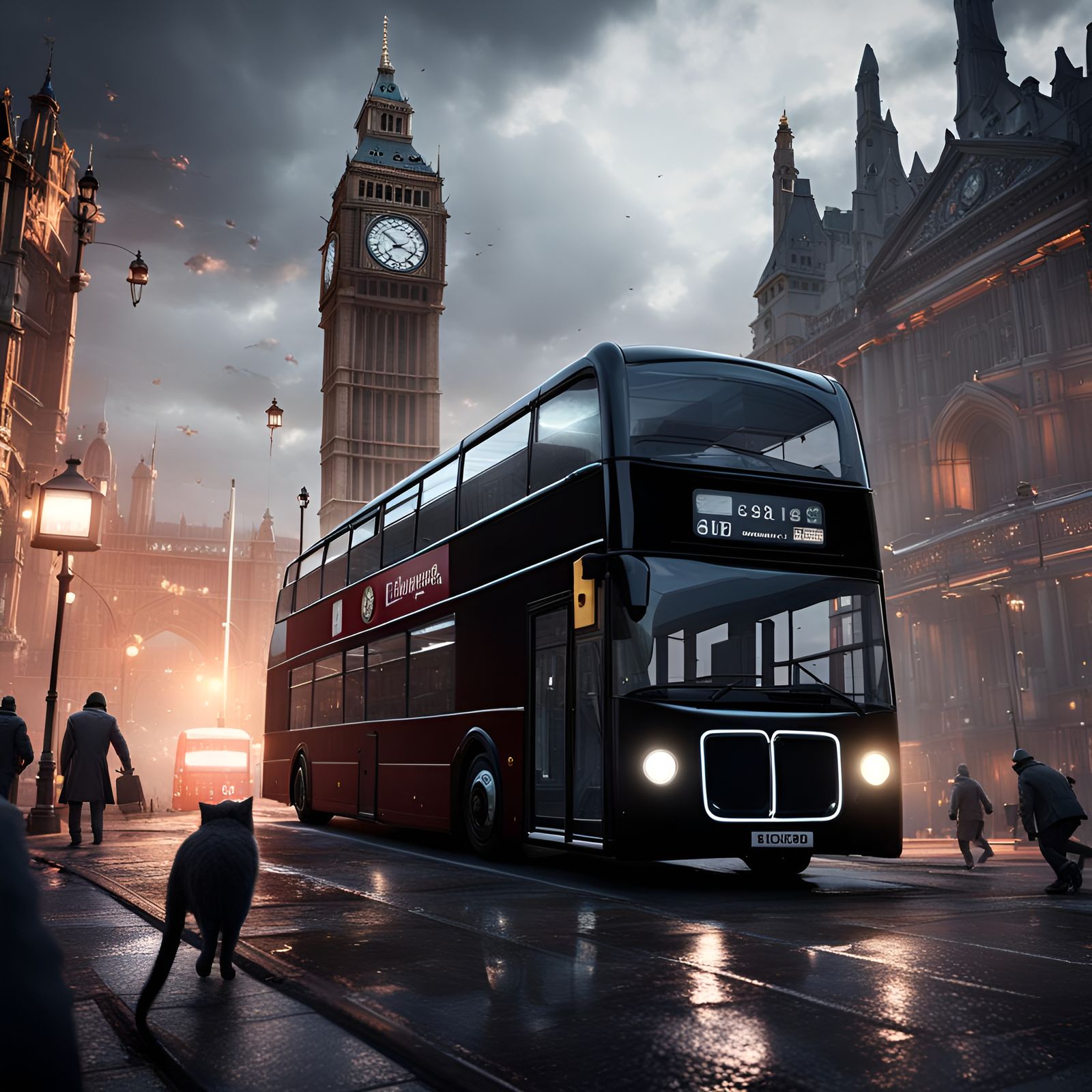 A Gothic Black London Bus Under Attack By Giant Cat Ai Generated