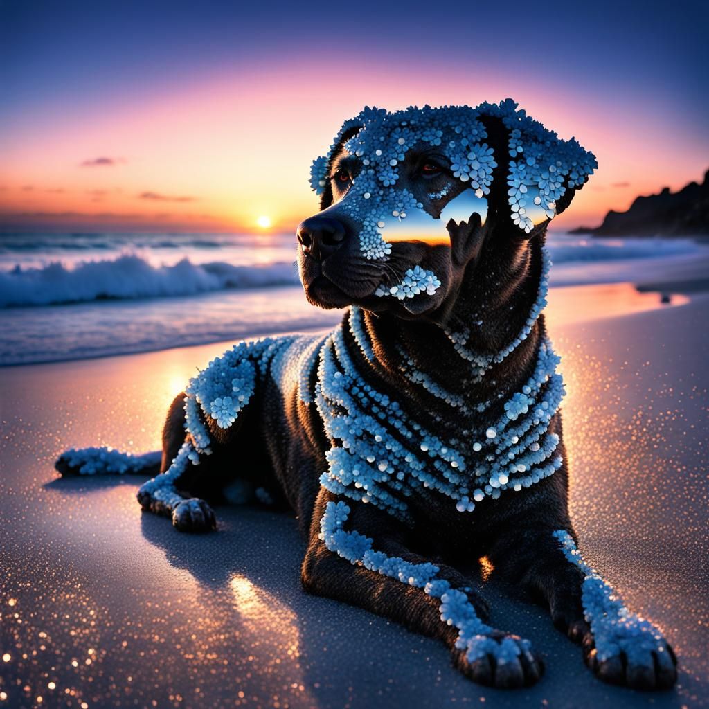 Surreal black sparkling labrador on the beach at sunset - AI Generated ...