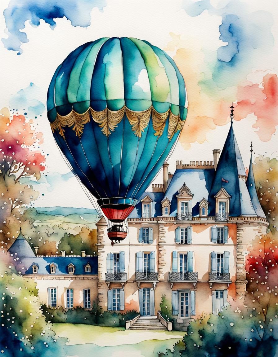 A close up of a hot air ballon over a beautiful French chateau  by @Northview