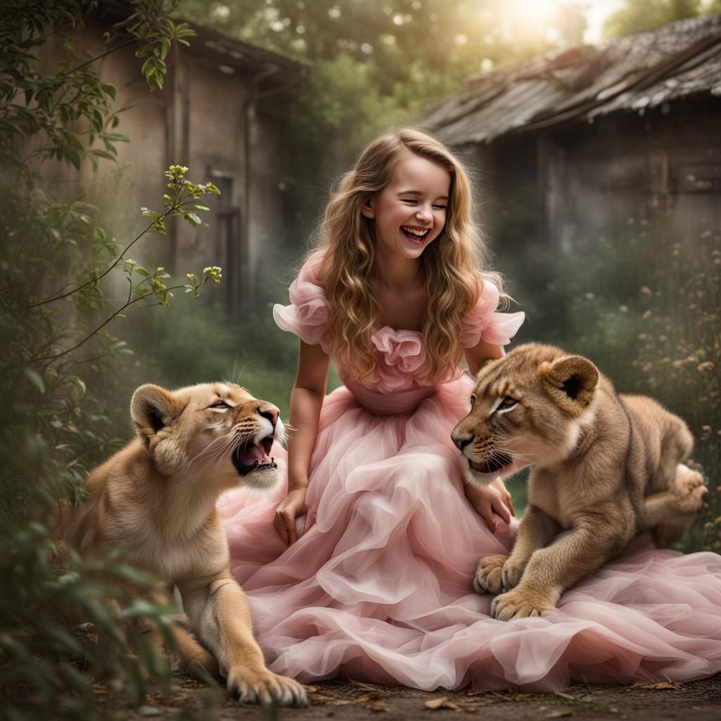 Hyper realistic laughing Young daughter in poofy gown playin...