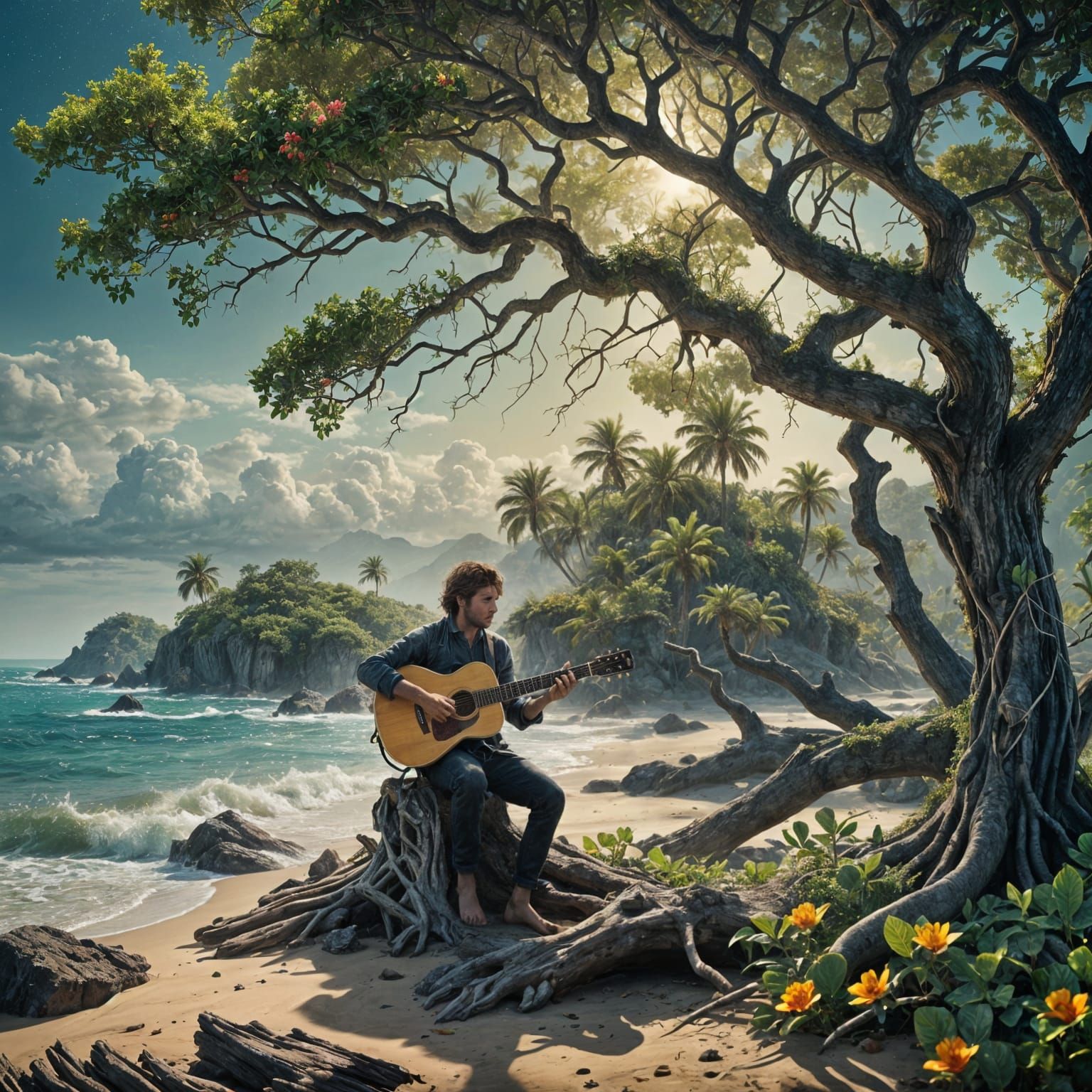 Man Plays Guitar on Island, Detailed Matte Painting