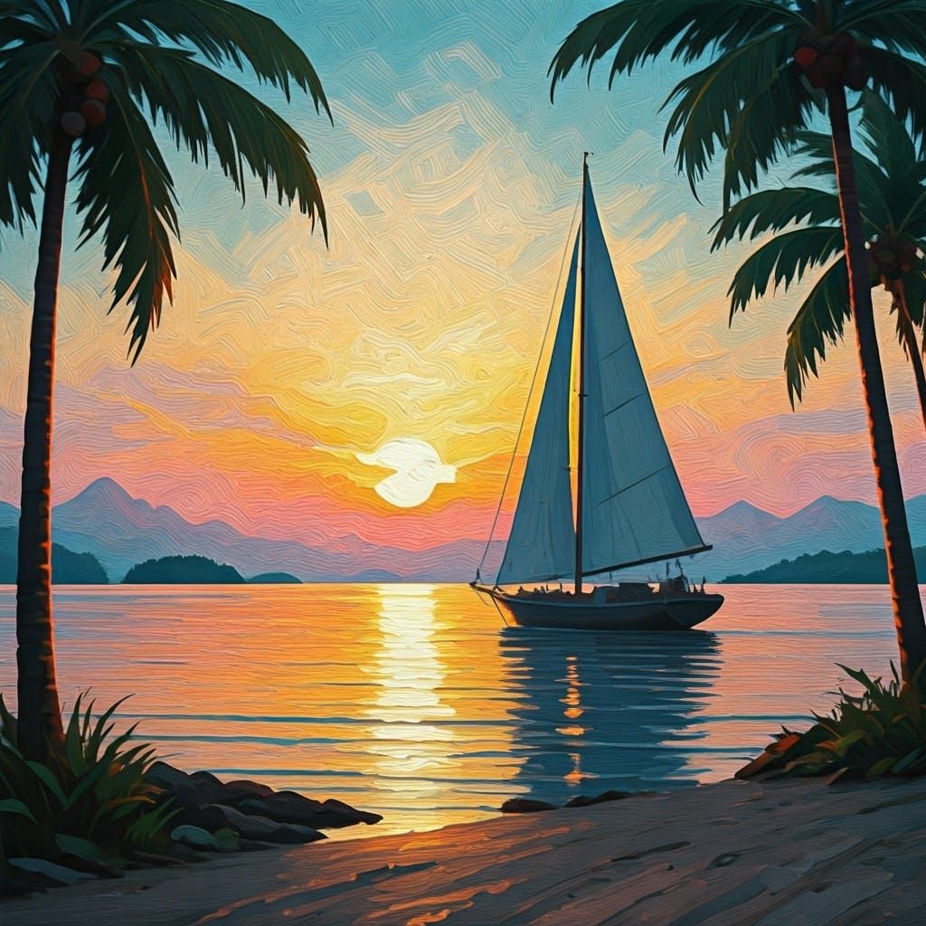Tropical Sunset Sailboat in Abstract Impressionist Style