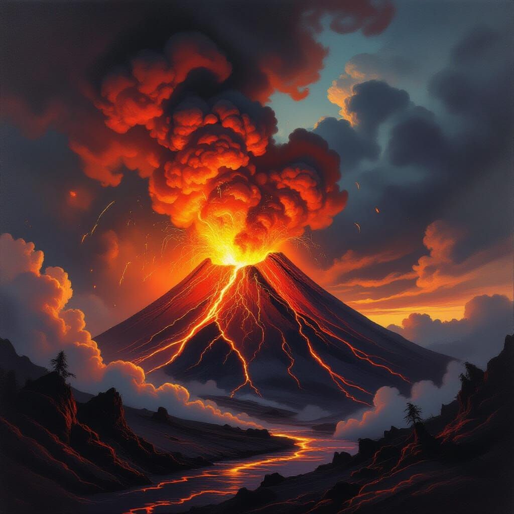 Volcano Erupts Fiery Lava in Dramatic Oil Painting Style