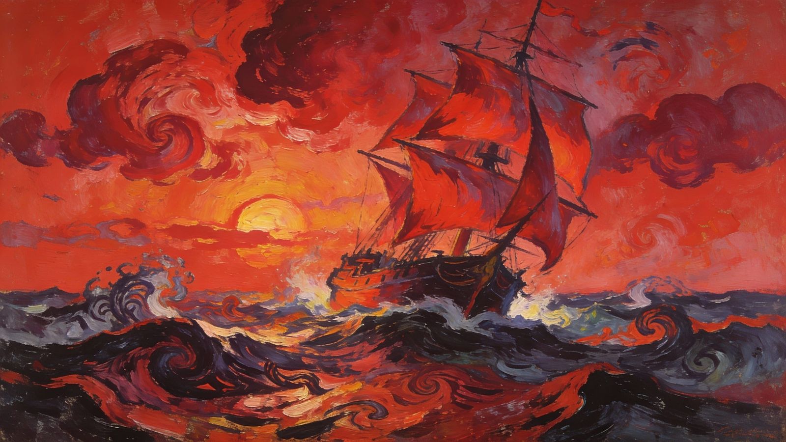 Ship Sailing in Expressionist Crimson Tempest  by @Gary Murakami